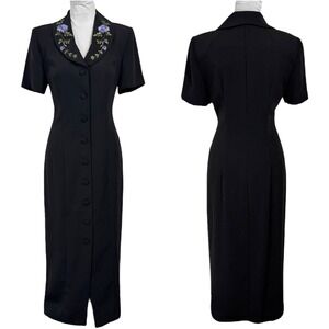 Vintage Floral Lapel Collared Shirt Dress Size 8 Black Embroidered Button Front